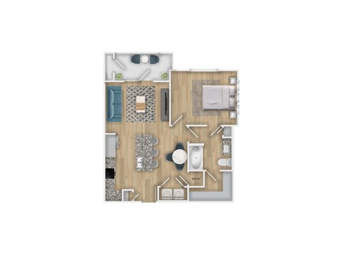 a furnished floor plan with a bedroom and a living room